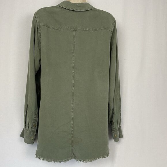 Foxcroft Top Womens 14 Green Tencel Lyocell Chambray Button Up Fringe Hem Grunge - Picture 3 of 12